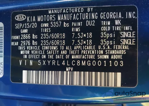 2021 Kia Sorento S z USA, uszkodzony, nr VIN 5XYRL4LC8MG001103